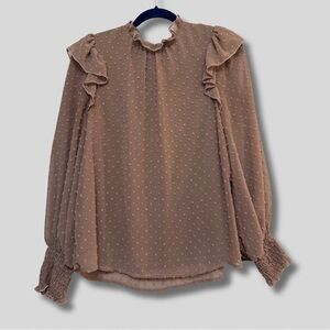 Entro Elegant Ruffled Long Sleeve Blouse - Tan/Brown